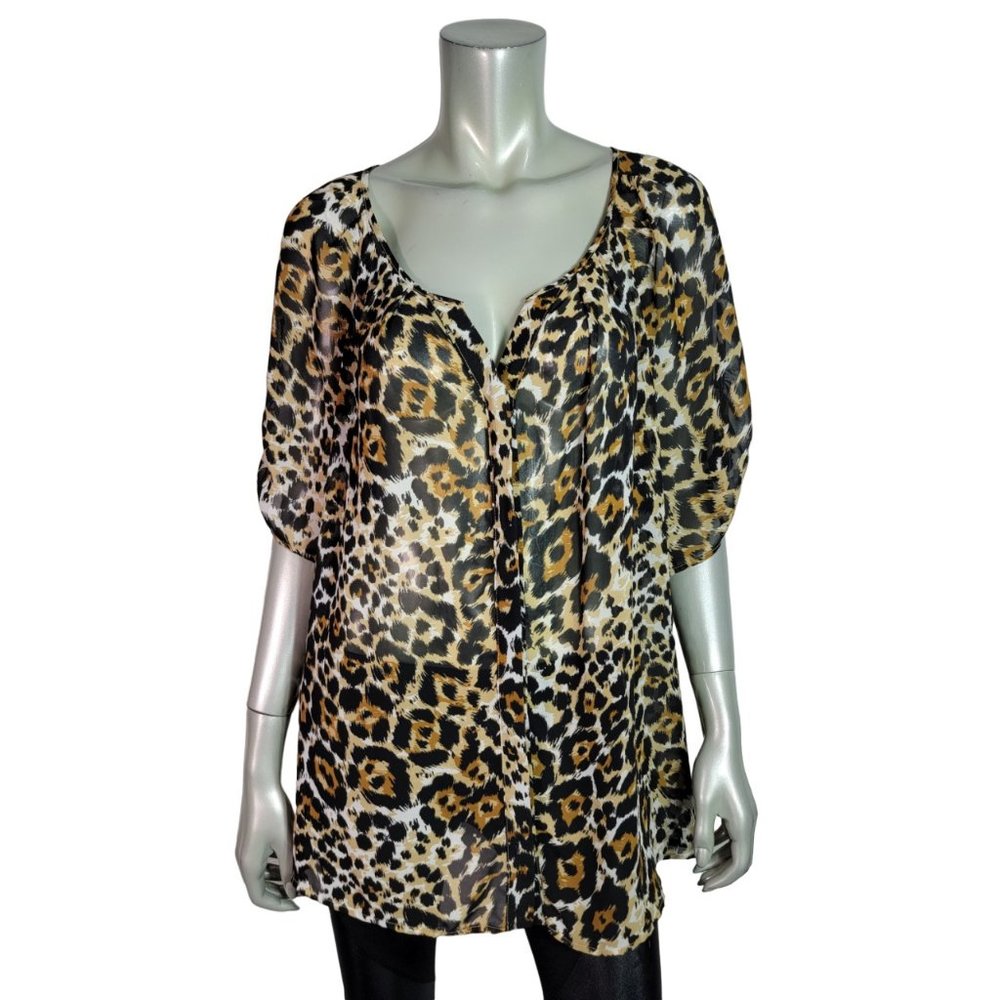 Apt 9 Top Plus Size 2X Leopard Sheer V-Neck Button‎ Up 3/4 Sleeve Pleated Brown